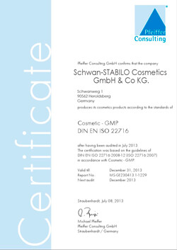 Сертификат GMP NSP производственной площадки Schwan-STABILO Cosmetics GmbH & Co.KG